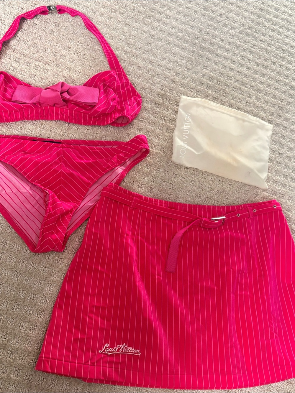 Louis Vuitton Pink Striped Swim Suit with Silver LV Accent and Matching Skirt